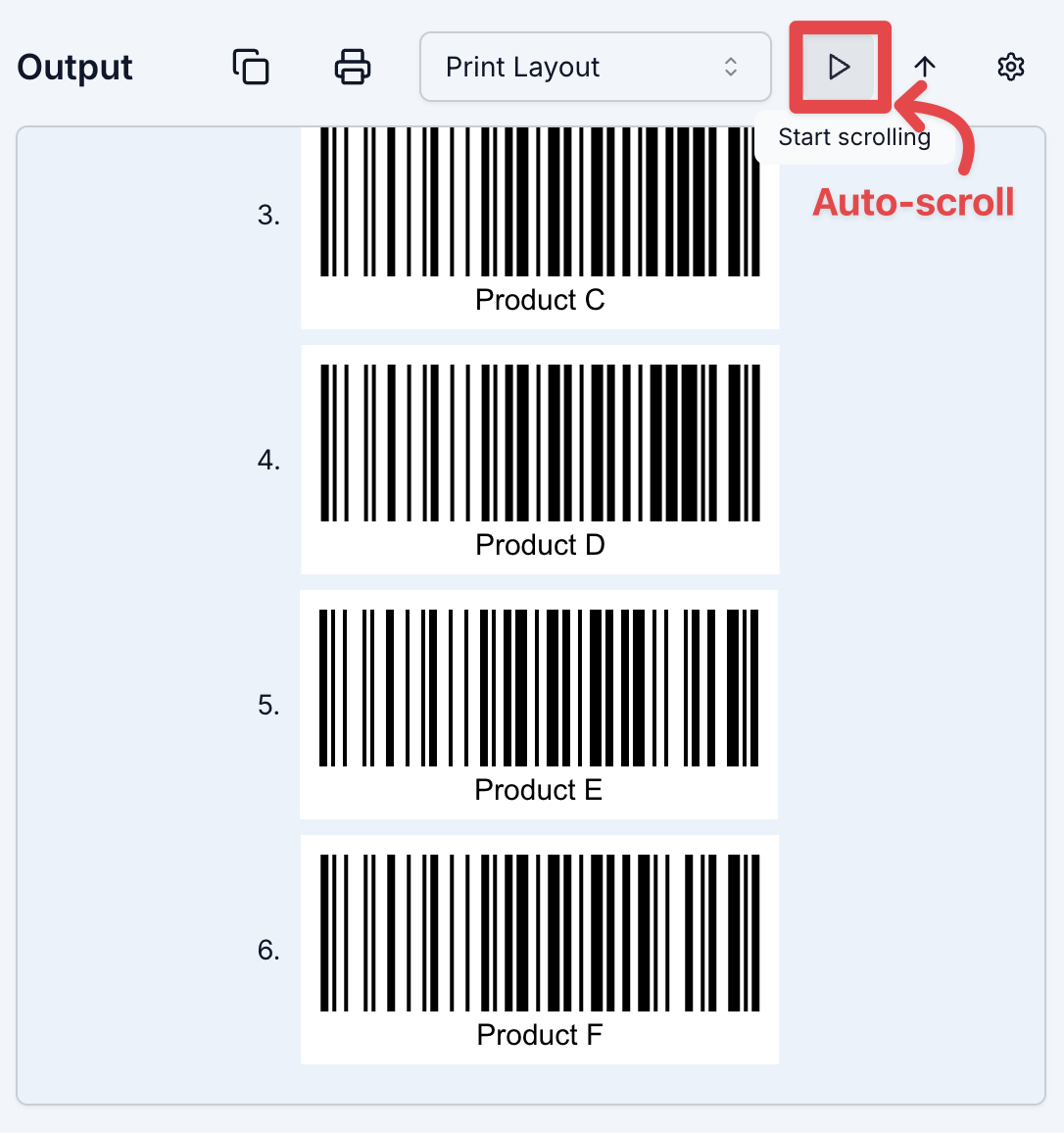 Bulk barcode generator previewing multiple generated barcodes with auto-scroll controls